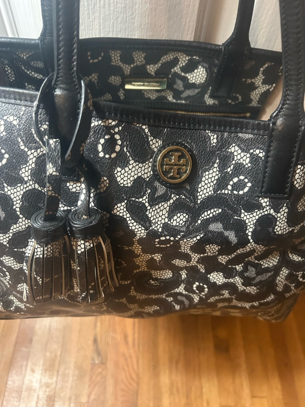 Tory Burch Black and Cream Lace-Overlay Tote - Picture 4 of 4